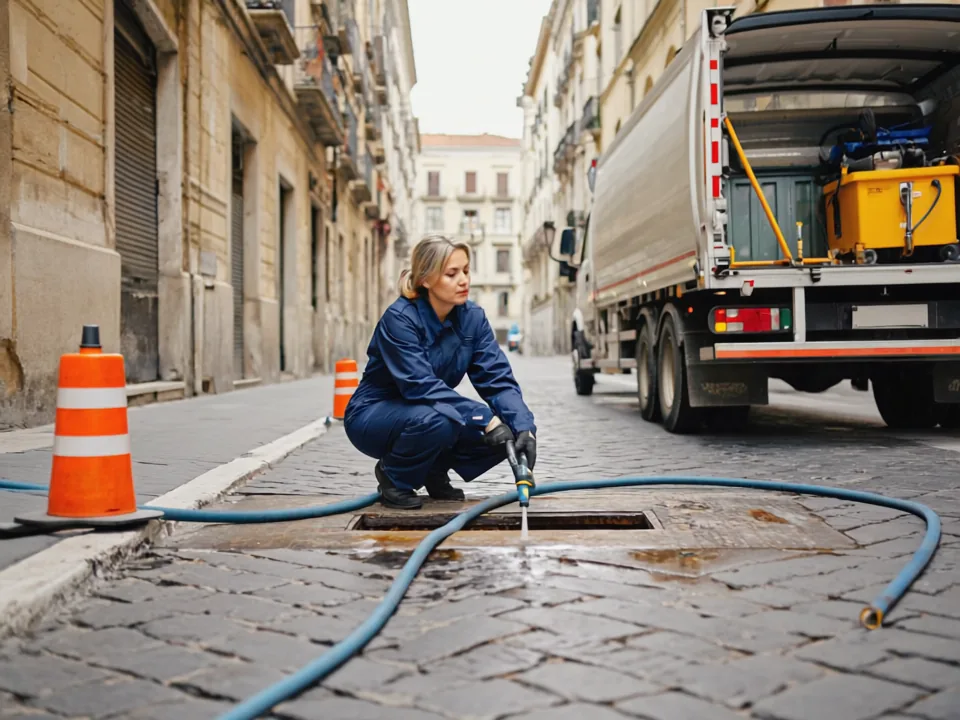 Desatascos de alcantarillado en León con agua a presión en un colector