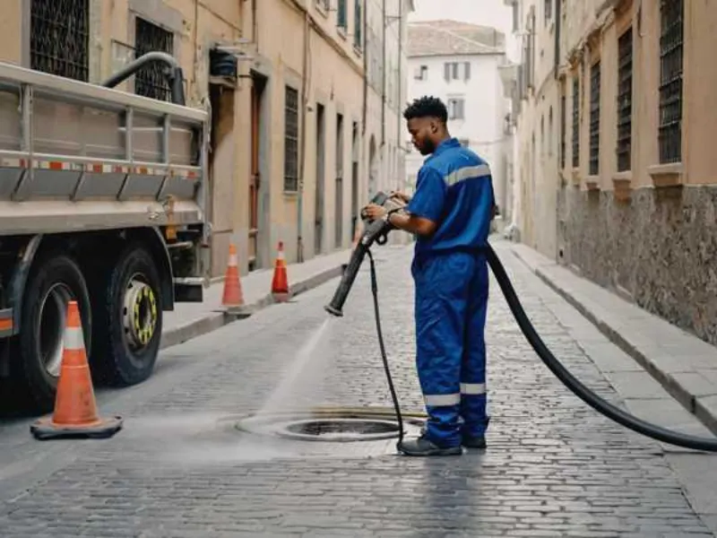 Camión cuba de desatascos en León trabajando en la calle