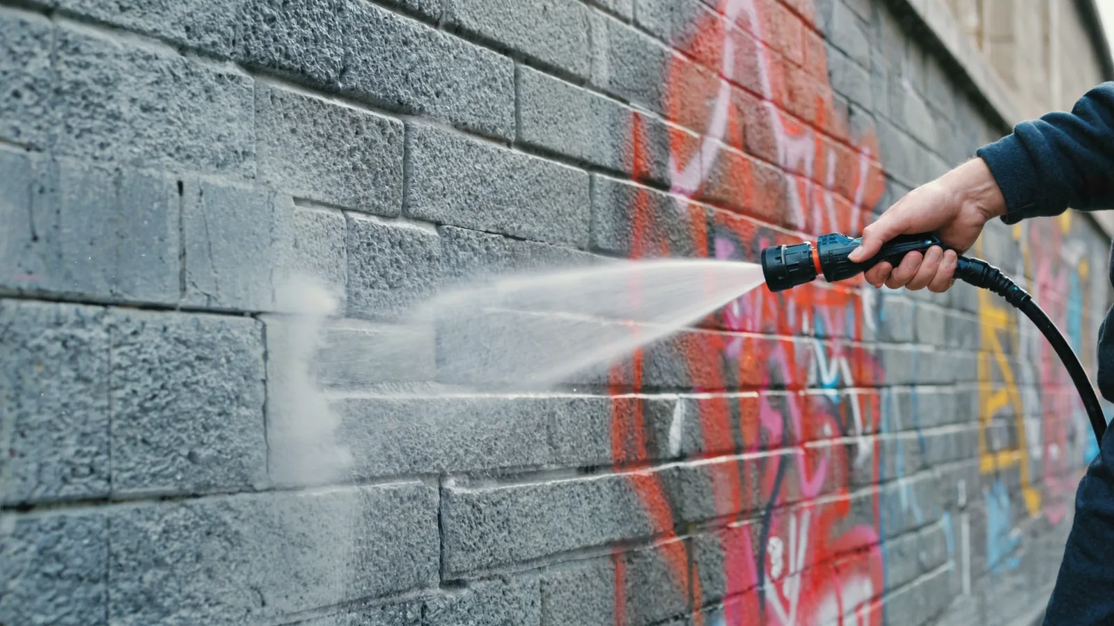 Limpieza de grafitis en León en una fachada con hidrolimpiadora
